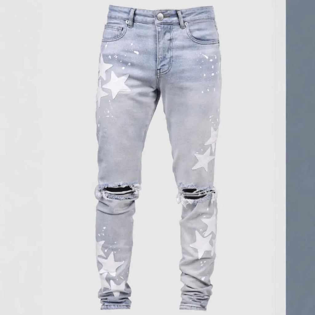Men's slim stretch jeans with embroidery detailing on micro-elastic denim fabric