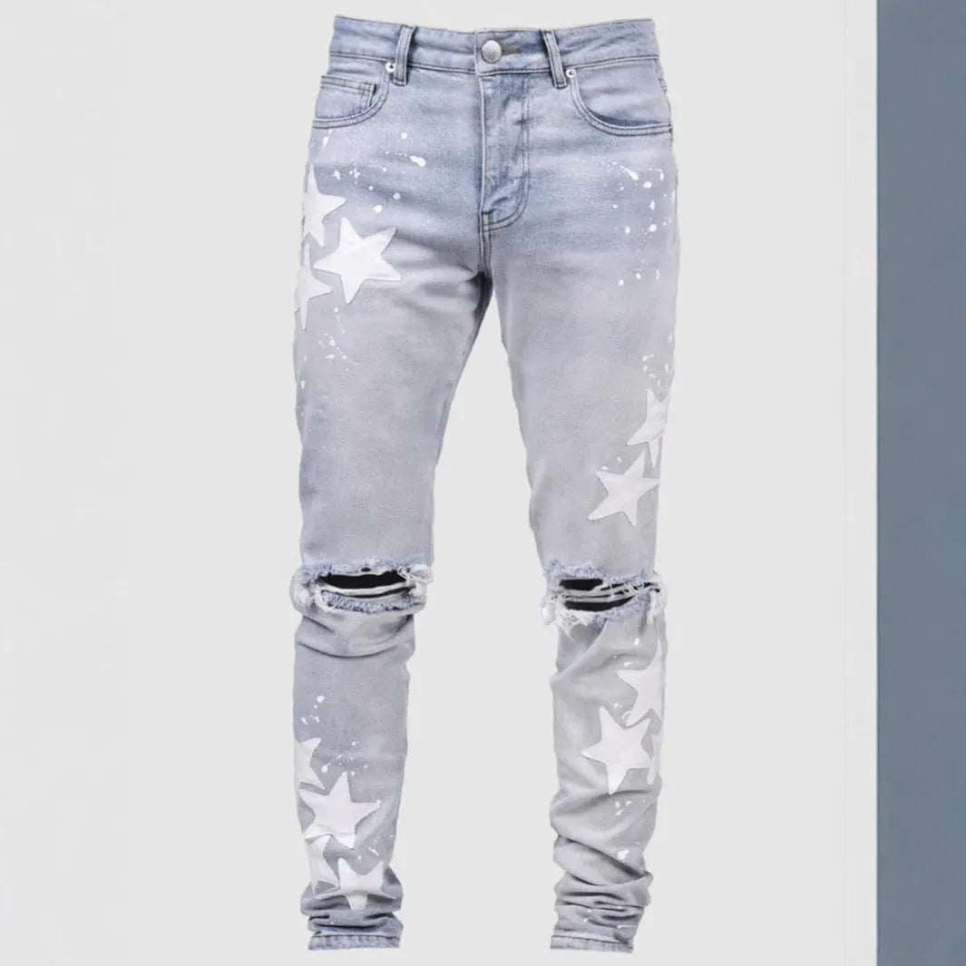 Men's slim stretch jeans with embroidery detailing on micro-elastic denim fabric