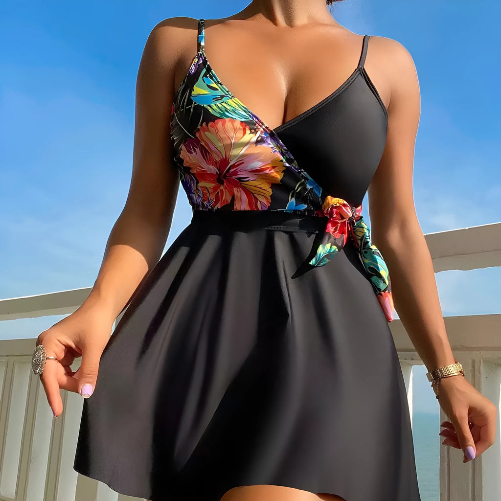 Black women's high waist bikini briefs with printed split design for swimming and sports