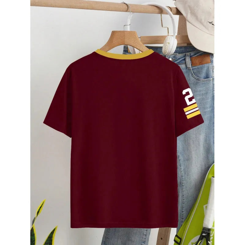 Red loose fit cotton t-shirt with white printed lettering on the front.