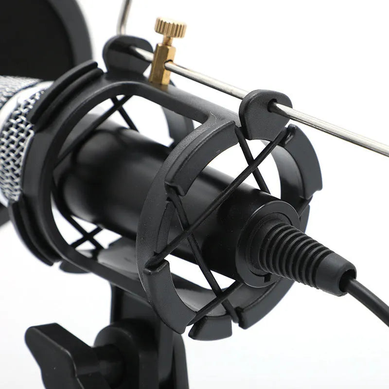 Black condenser microphone mounted on a silver aluminium adjustable stand with 3.5mm and USB cables.