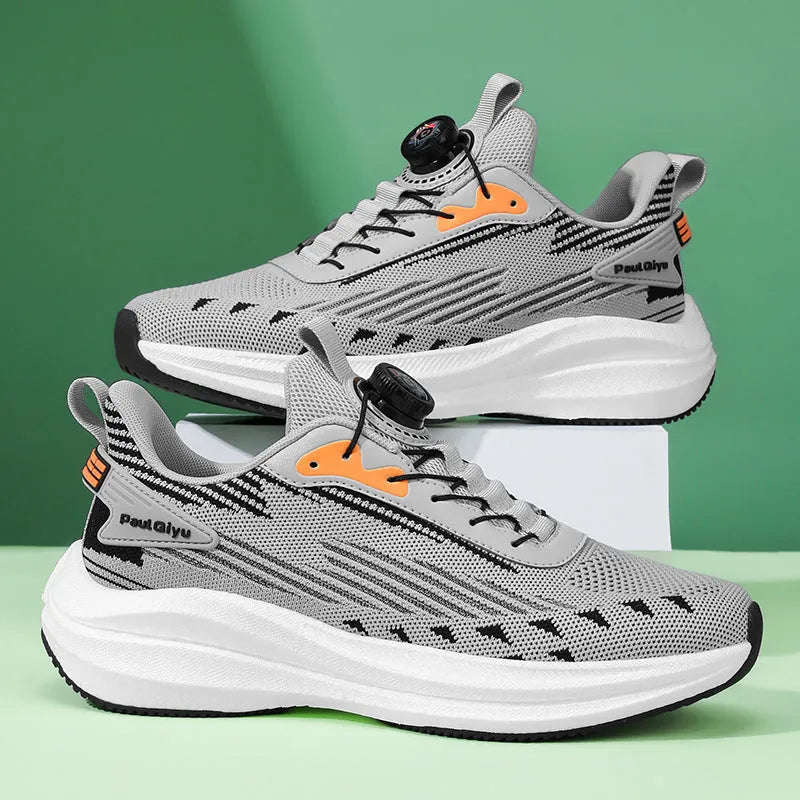 Men's black and grey rotating buckle Fly-knit mesh casual running shoes with a low-top flat heel design.