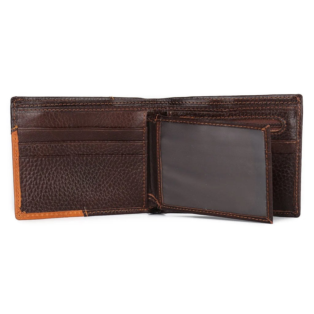 Cowhide leather men's wallet with contrast stitching, shown open to reveal card slots, bill holder, and a zipper compartment.