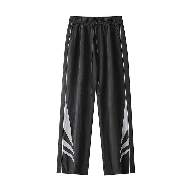Men's straight leg summer trousers in black and gray colours with elastic waistband