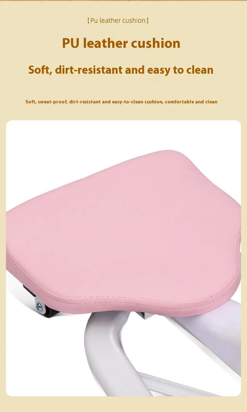 Pink leg stretching equipment with steel frame and foam padding for flexibility training