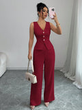 Women's solid colour sleeveless vest and high-waist trousers two-piece set in polyester fabric.