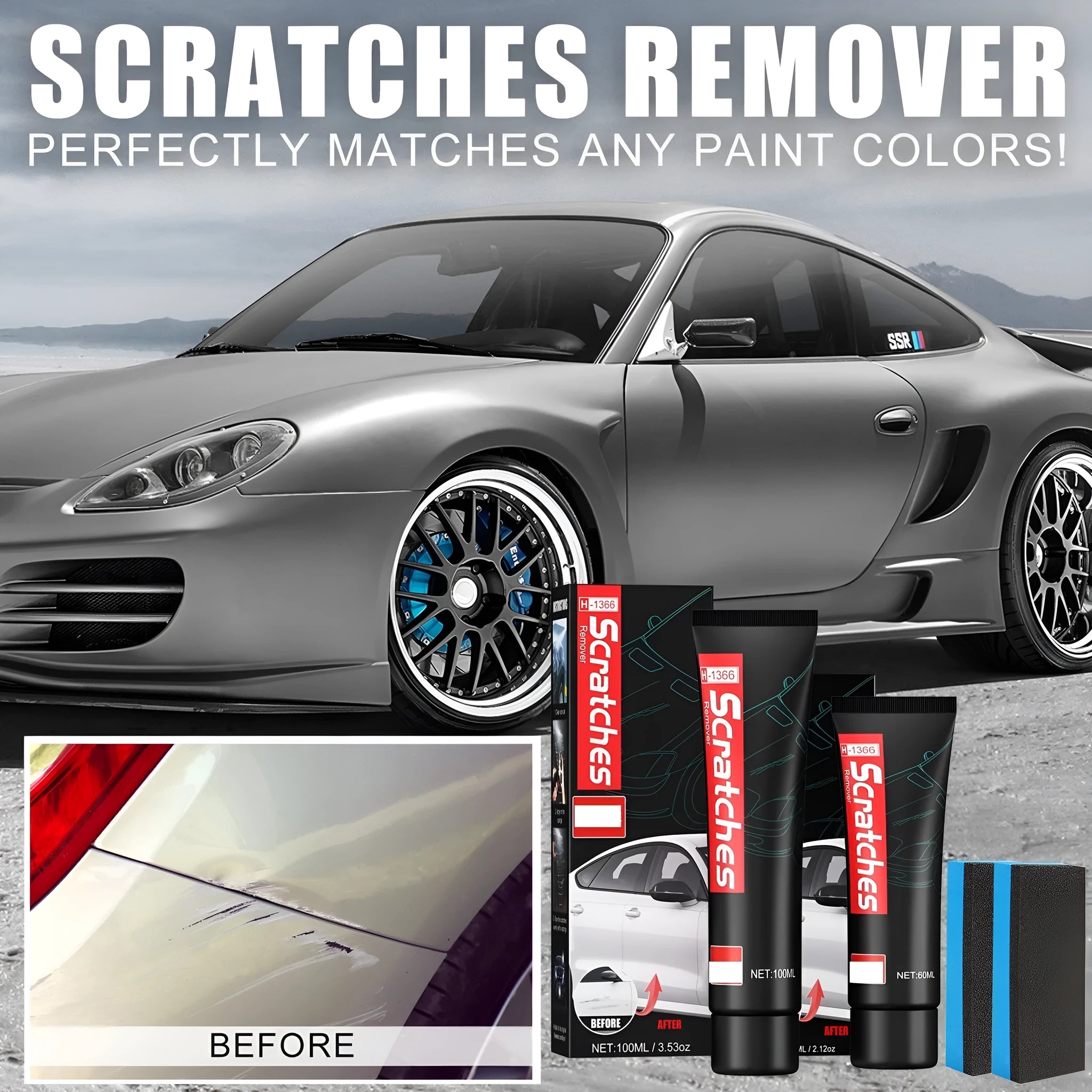 Automotive scratch repair cream in 60ml and 100ml containers for paint cleaning