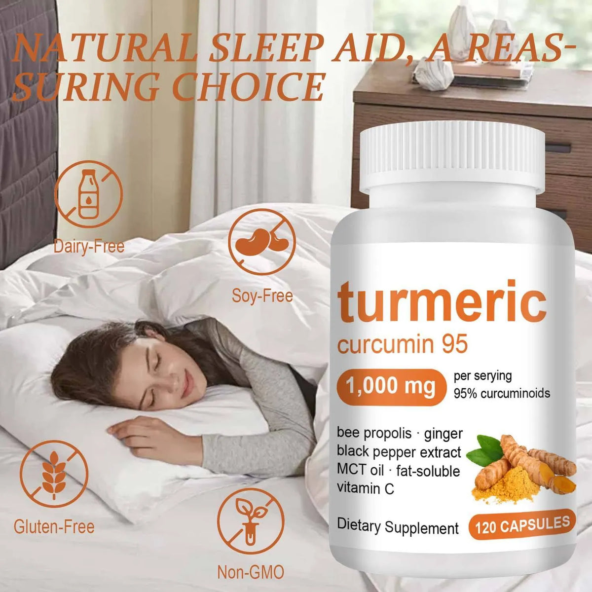 Turmeric curcumin capsules bottle with bee propolis, ginger, and black pepper for joint health, 120 vegetarian capsules