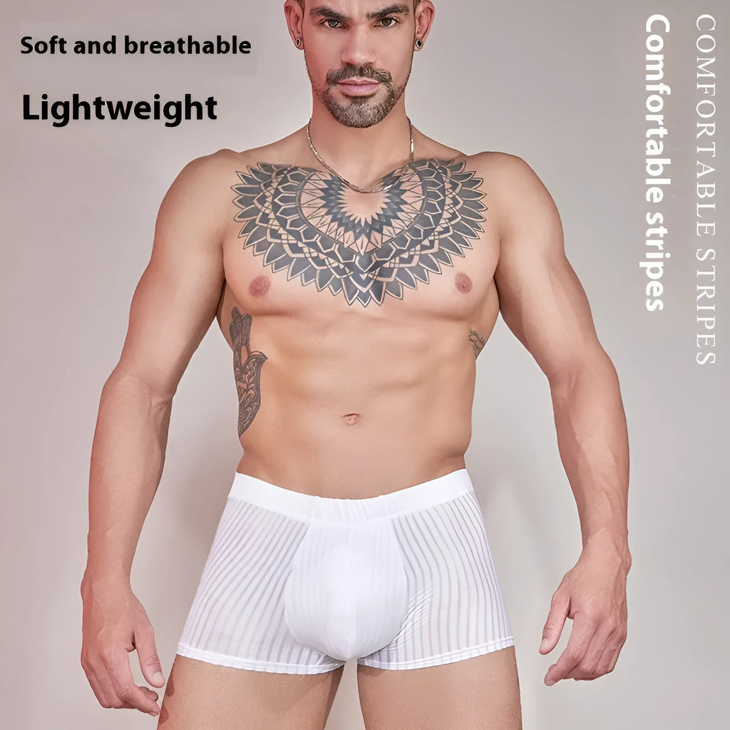 Men's striped low-rise underwear in thin transparent nylon, shown in black, dark grey, and white colours.
