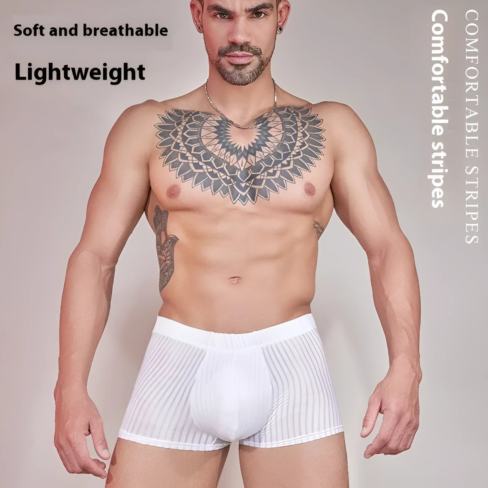 Men's striped low-rise underwear in thin transparent nylon, shown in black, dark grey, and white colours.