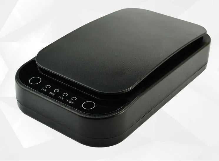 Blue and white portable ultraviolet disinfection box for mobile phones and small items.