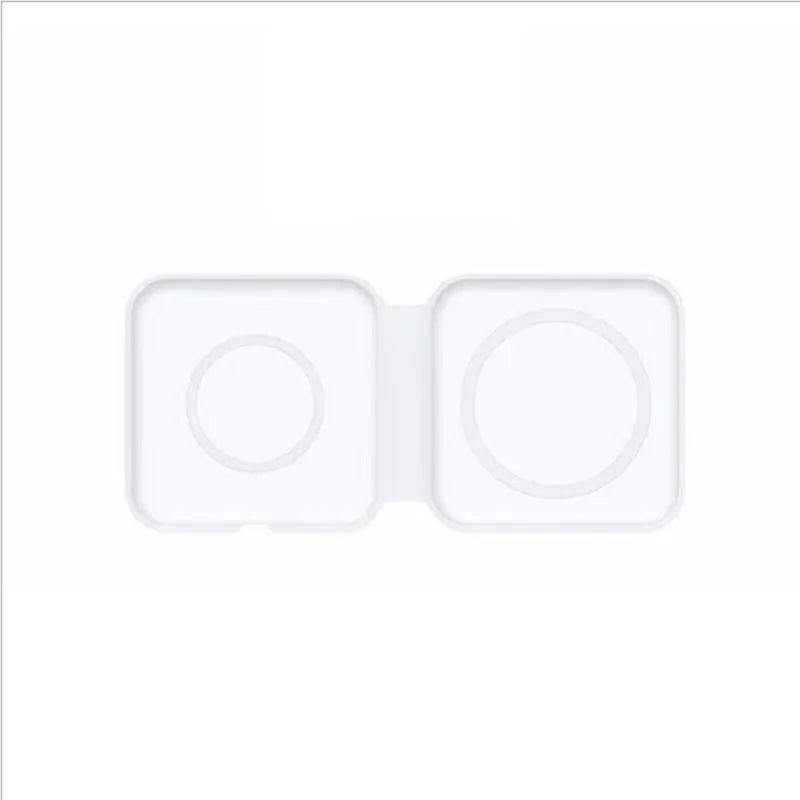 White foldable dual magnetic wireless charging dock showing 15W QI fast charging for two phones.