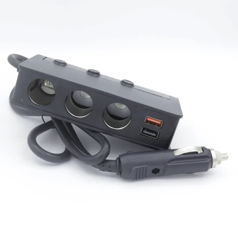 Three-port car charger with cigarette lighter socket and QC3.0 USB ports, black ABS housing, 70cm cable