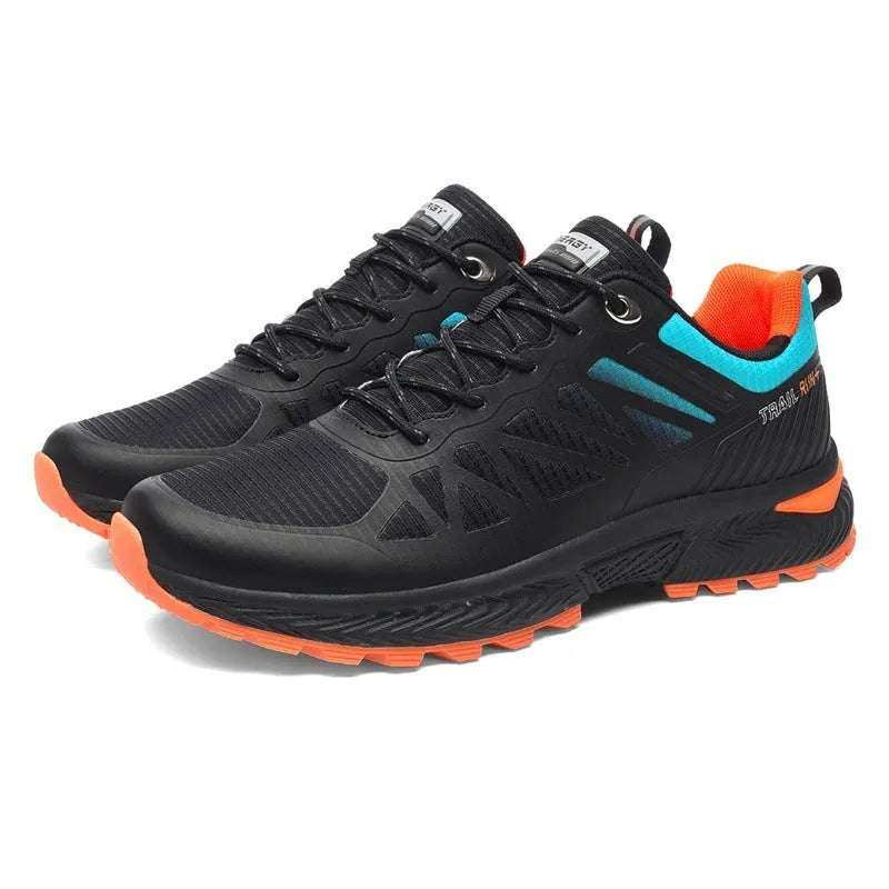 Men's black and orange plus size outdoor running shoes with mesh upper and lace-up front.