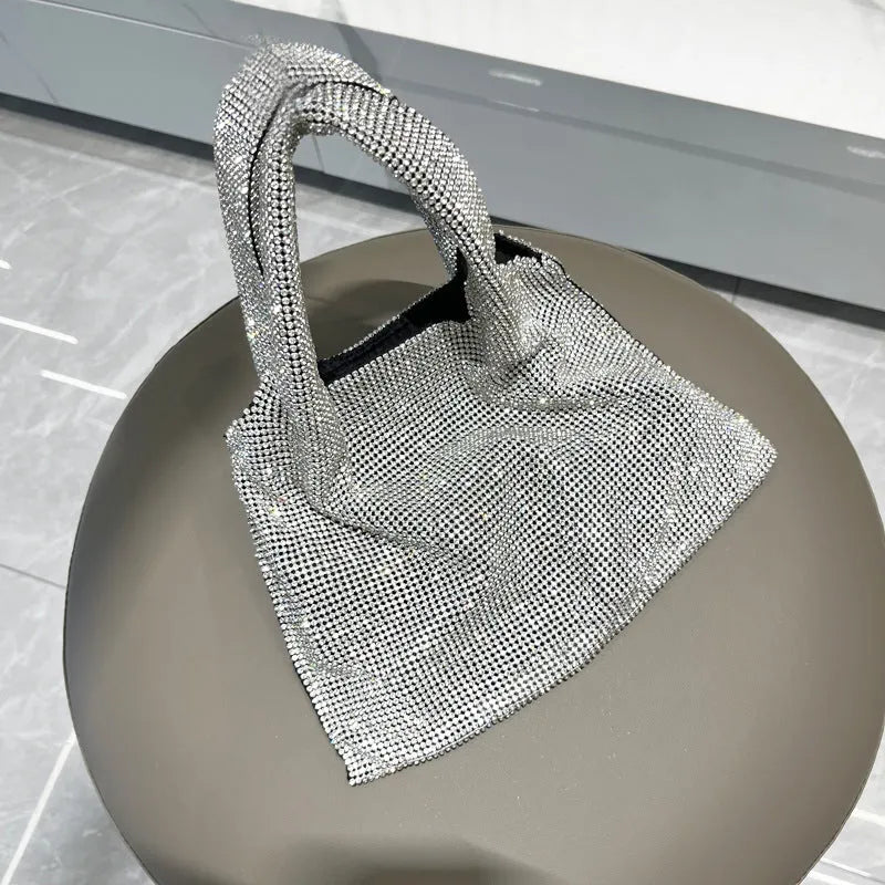 Silver-coloured cotton thread handbag with rhinestone decoration and open-pocket design