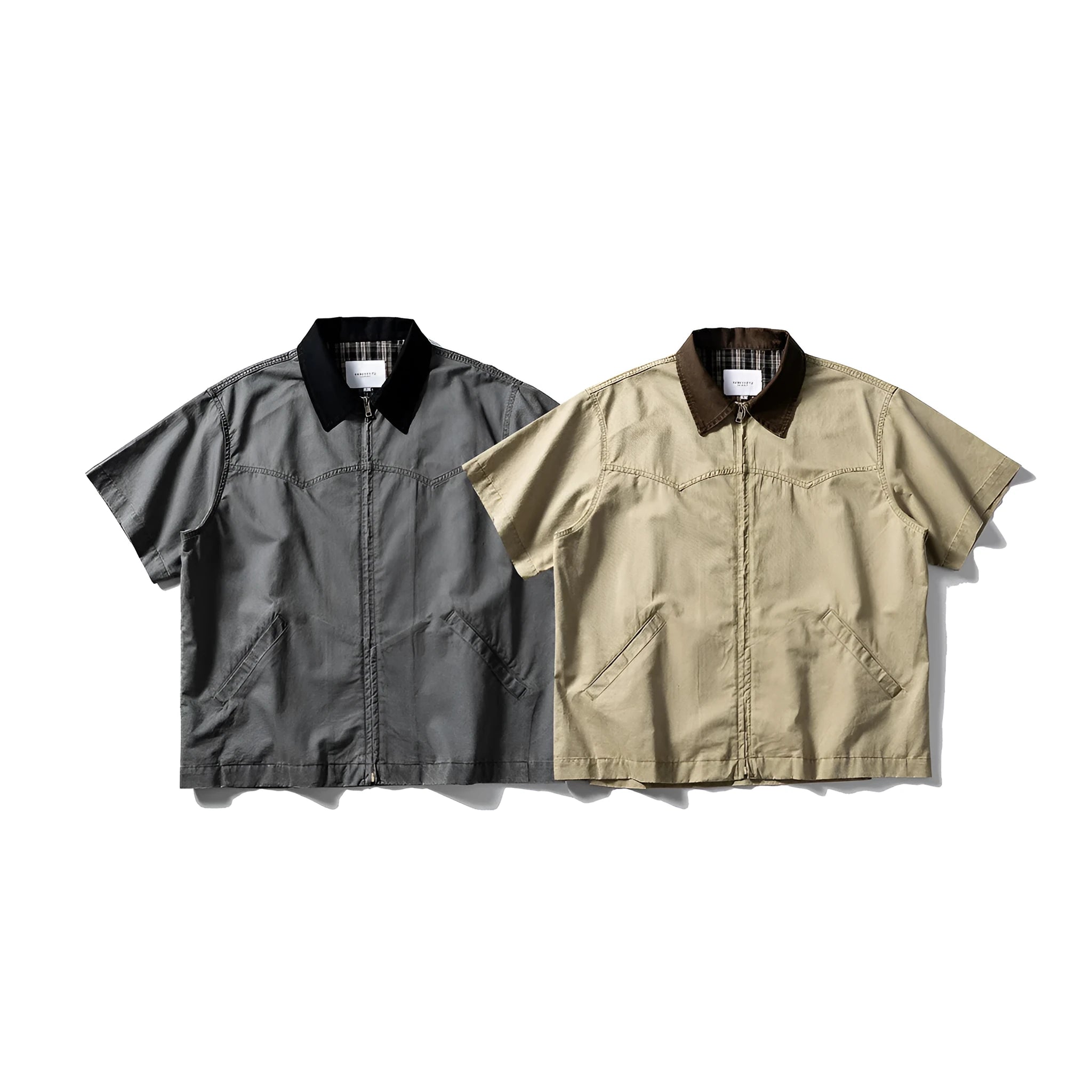 Short-sleeve cotton shirt overalls in a loose cardigan style, shown in khaki and grey colours.