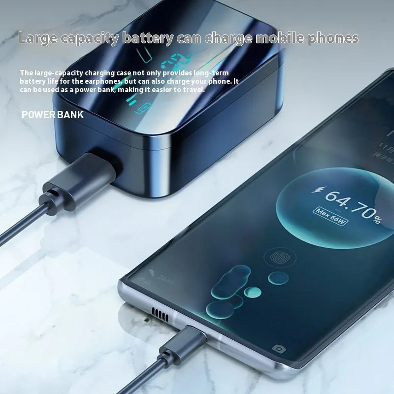M48 Bluetooth headset in-ear wireless with digital display and charging case in black colour