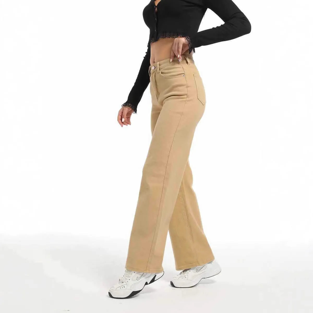 Women's high waist wide leg jeans in apricot colour, made from cotton with high elasticity.