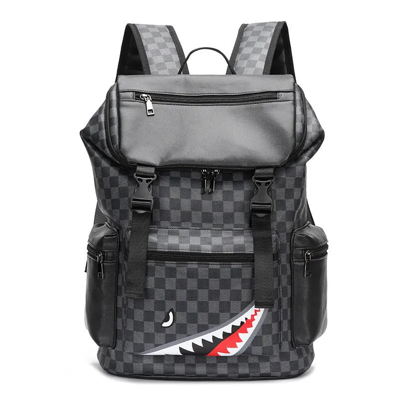 Korean casual checkered print backpack in black with curved shoulder straps