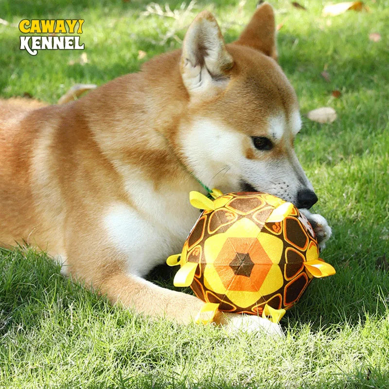 15cm interactive ball dog toy with plush handle and bells in green colour