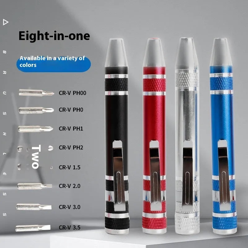 8-in-1 aluminium alloy pen-type screwdriver set with multiple coloured handles and chrome vanadium steel bits