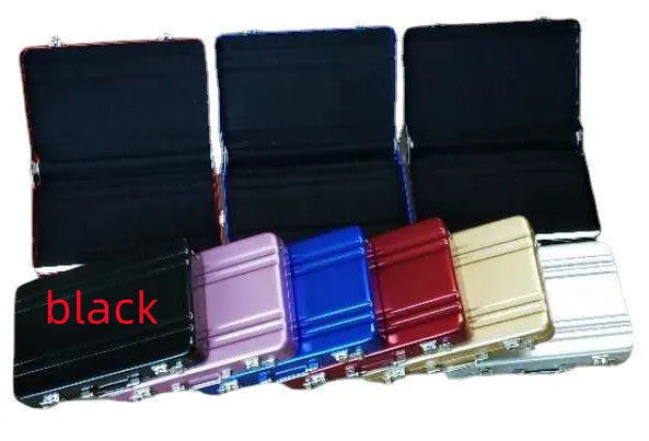 Slim aluminium metal card holder in six colour options: red, blue, black, silver, pink, and gold.