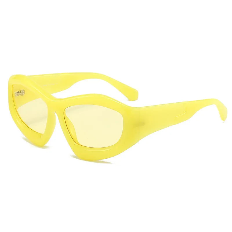 Concave shape sunglasses with bubble lens in multiple colour combinations including black, blue, red and yellow.