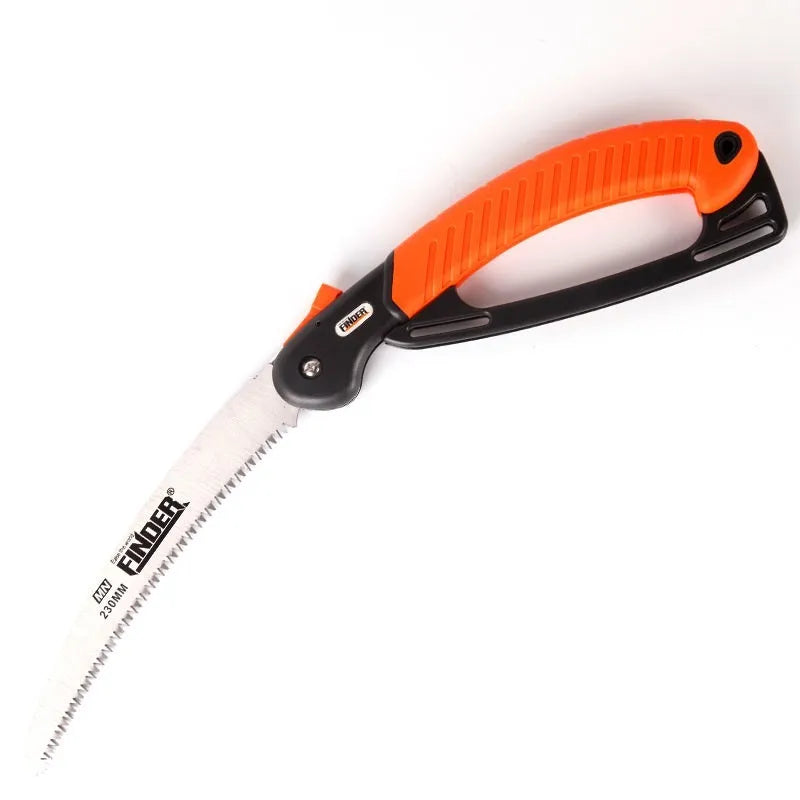 Folding garden hand saw with a 230mm steel blade and black TPR grip, shown open and closed.
