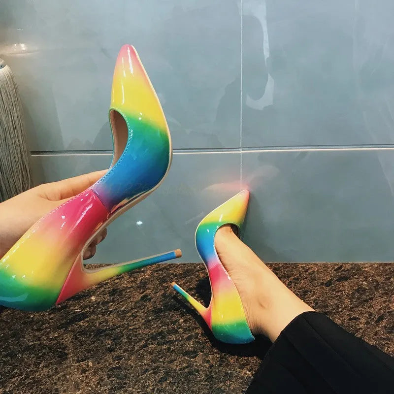 Rainbow patent leather women's high heel shoe with pointed toe and thin stiletto heel