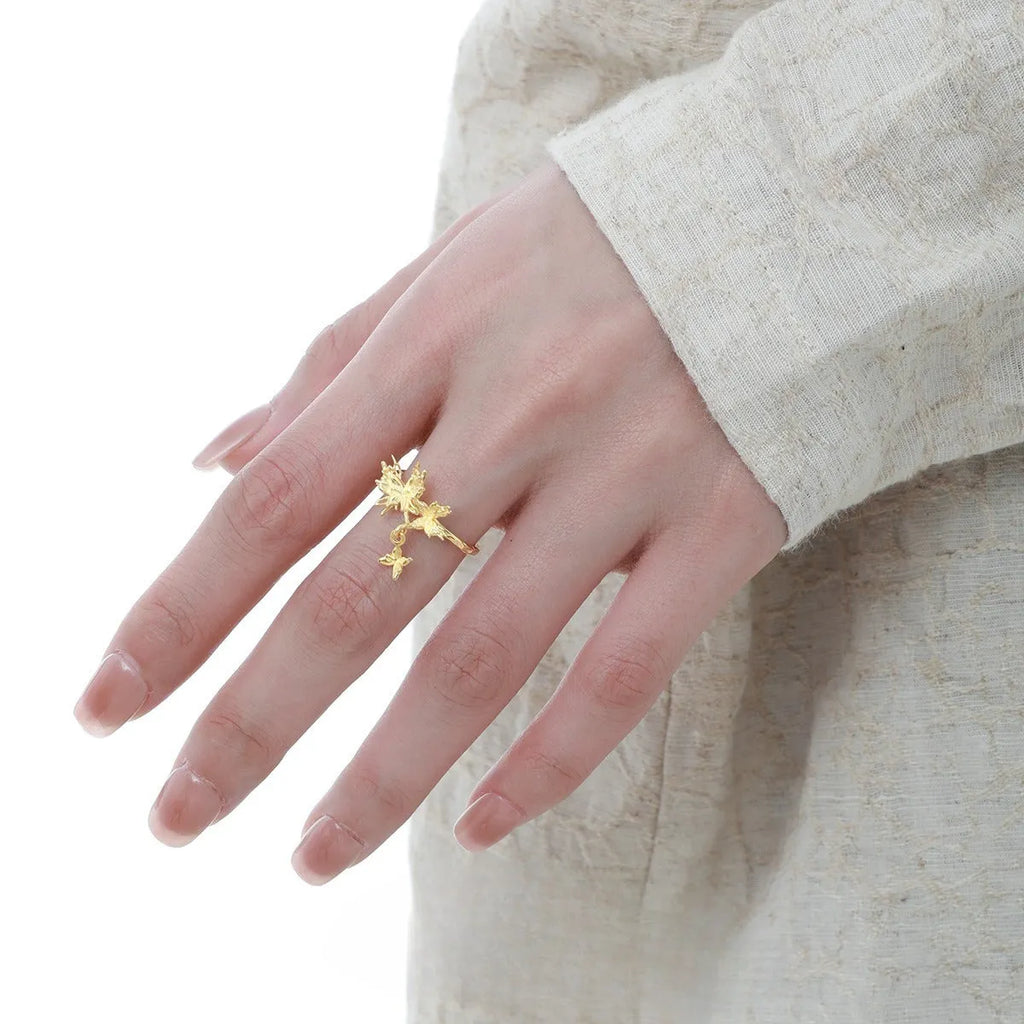 Adjustable silver butterfly ring with electroplated finish in gold colour options