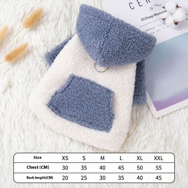 A blue hooded dog coat with thick cotton padding, shown on a model.