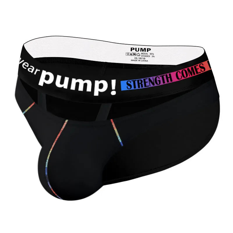 Men's solid black modal low waist briefs laid flat, showing the briefs style.