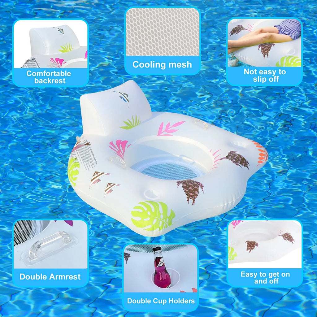 White luminous U-shaped inflatable float on water, showing its seat design and size.