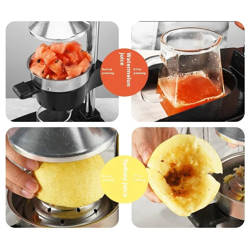 Black cast iron manual citrus juicer with stainless steel cone on a white background