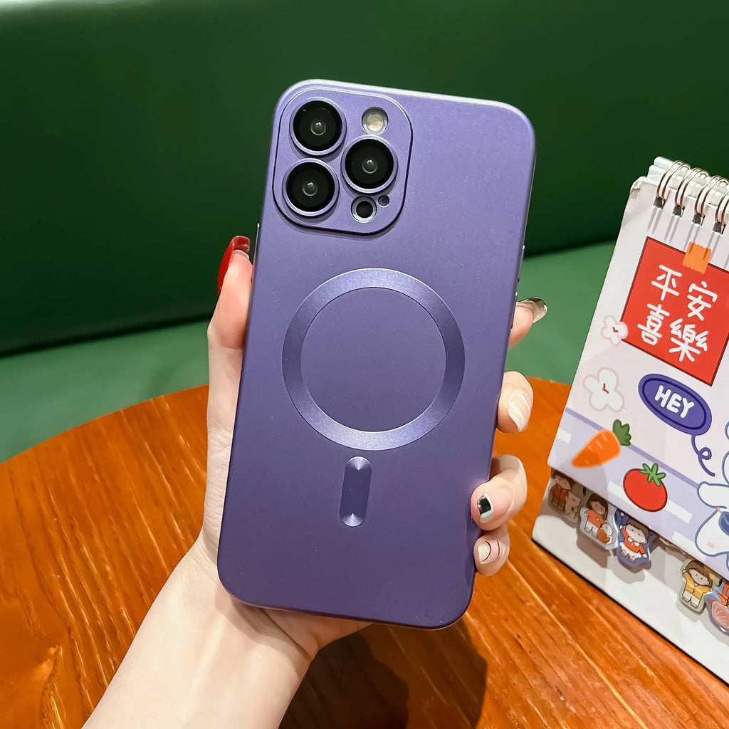 Electroplating magnetic phone case in dark night purple for iPhone 15 Pro with full cover soft shell and magnetic ring
