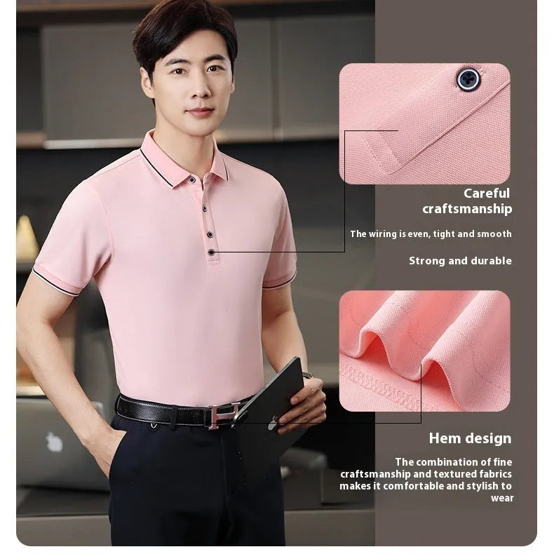 Beautician wearing a short-sleeved asymmetric polo shirt in light blue, showcasing the collar and Cool Silk Cotton fabric.