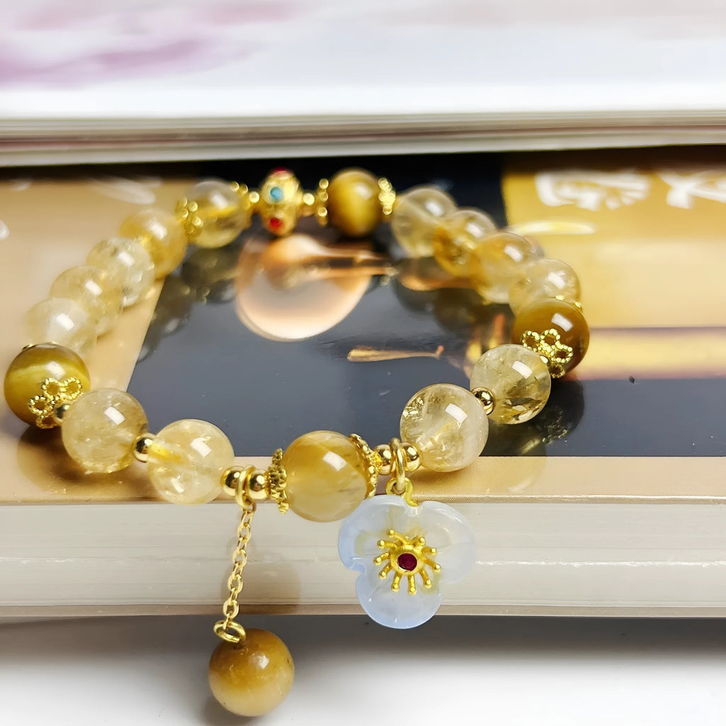 Yellow citrine crystal bracelet with flower tassel decoration for women
