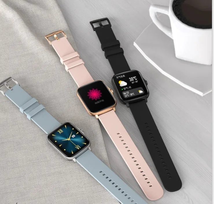 Black smart watch with 1.7-inch colour touch screen on an adjustable strap, showing fitness data interface.