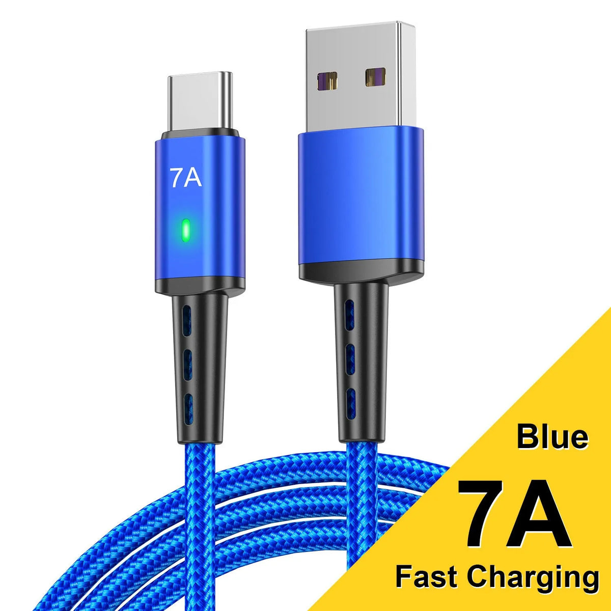 7A Android braided Type-C charging cable with indicator light in black, 1 metre length
