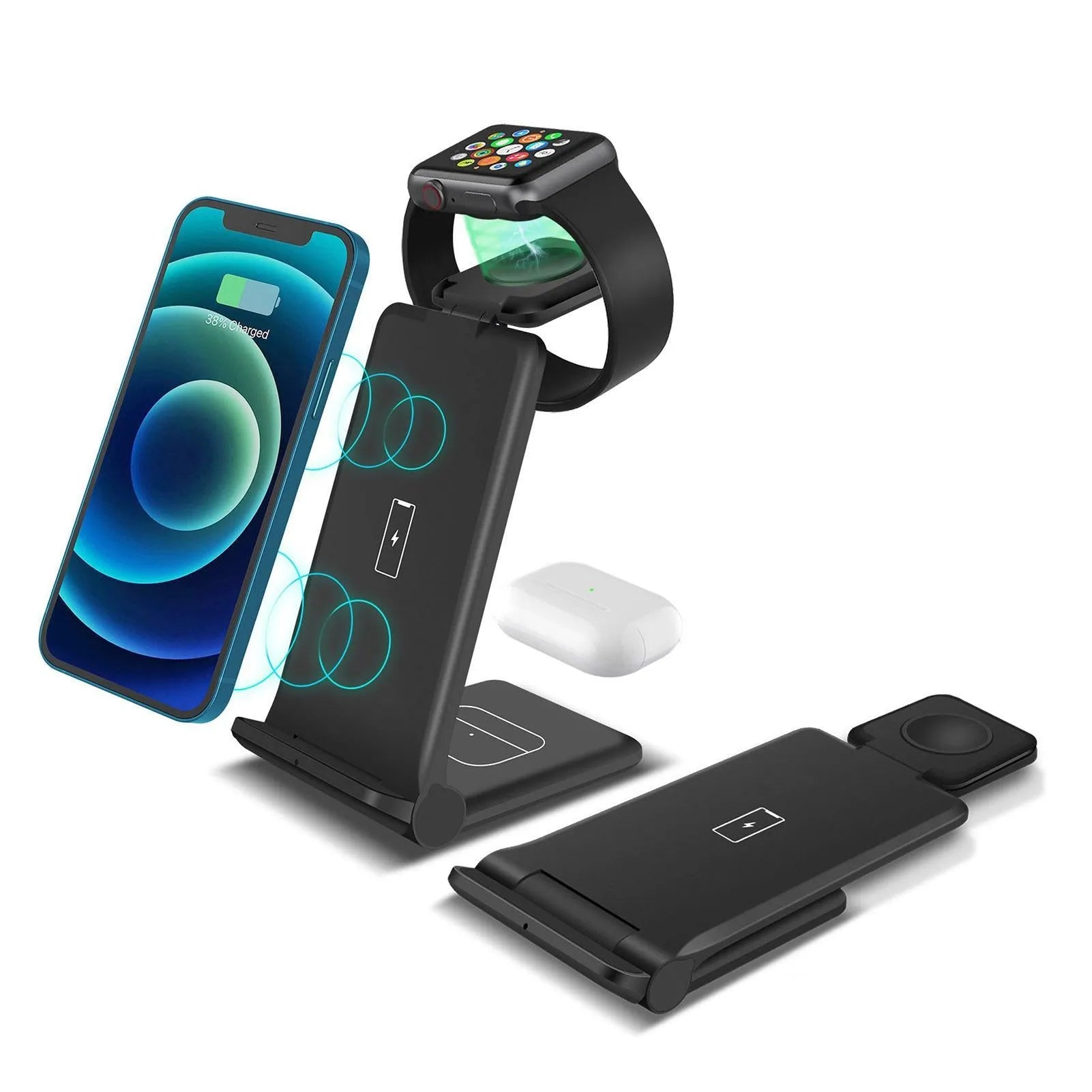 White or black 3-in-1 wireless charging station with foldable design for iPhone, Samsung, AirPods and Apple Watch