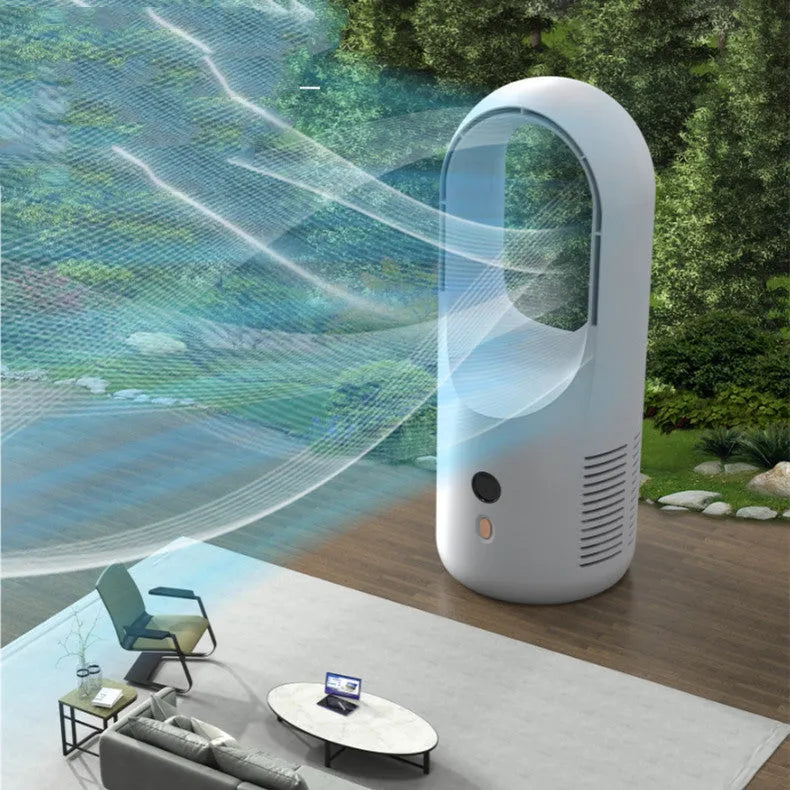 White USB rechargeable bladeless desktop fan with LED display on a wooden desk.