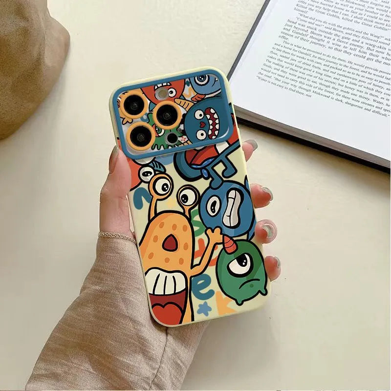 Cartoon little monster silicone phone case with mirror finish in orange colour for iPhone 14