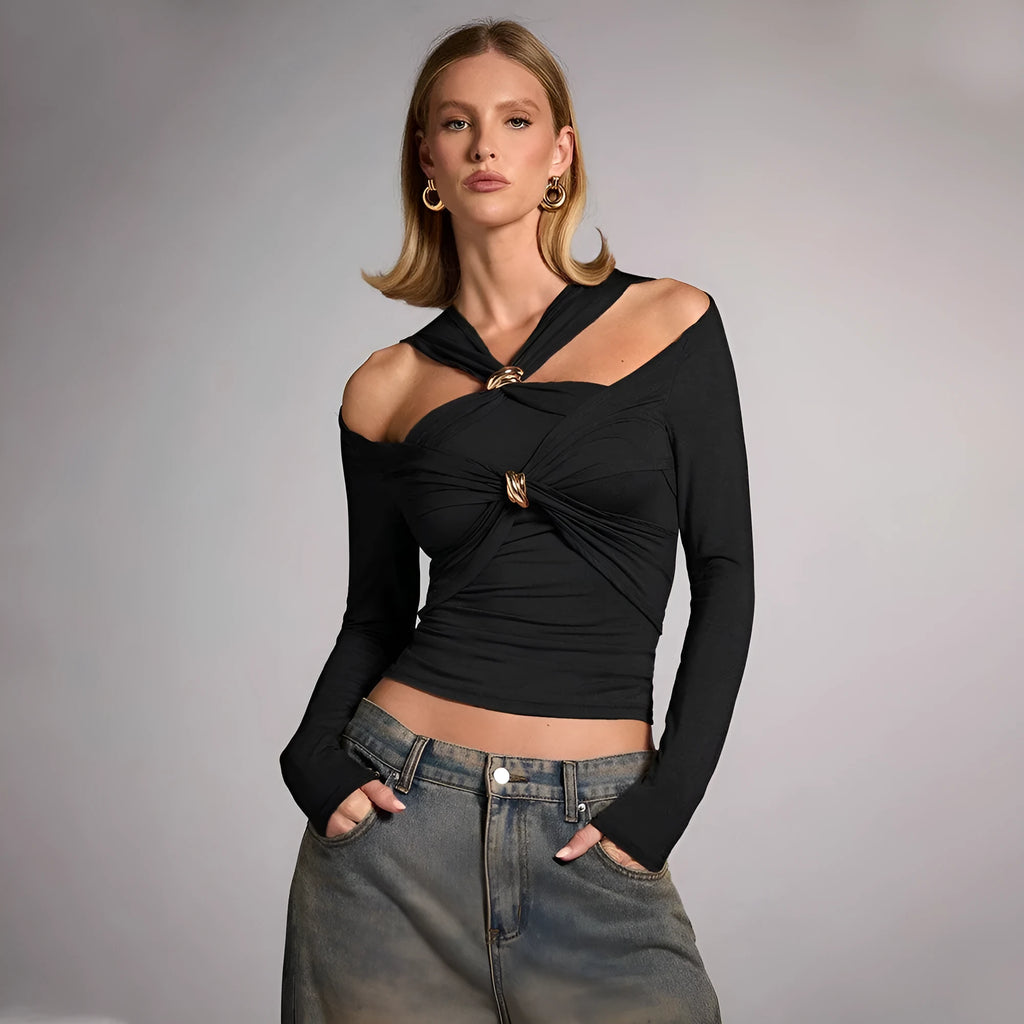 Black women's halter neck top with long sleeves in a slim fit.