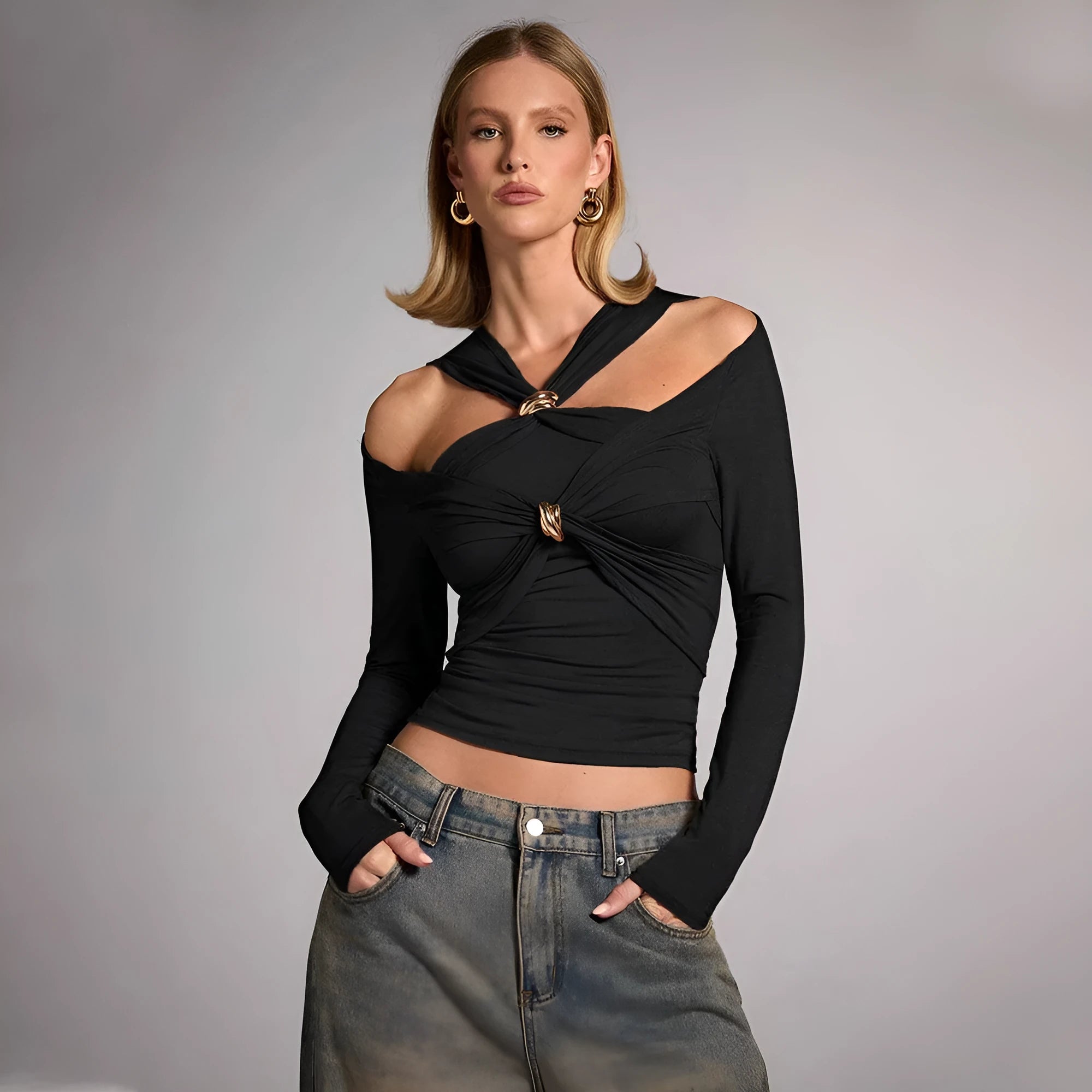 Black women's halter neck top with long sleeves in a slim fit.