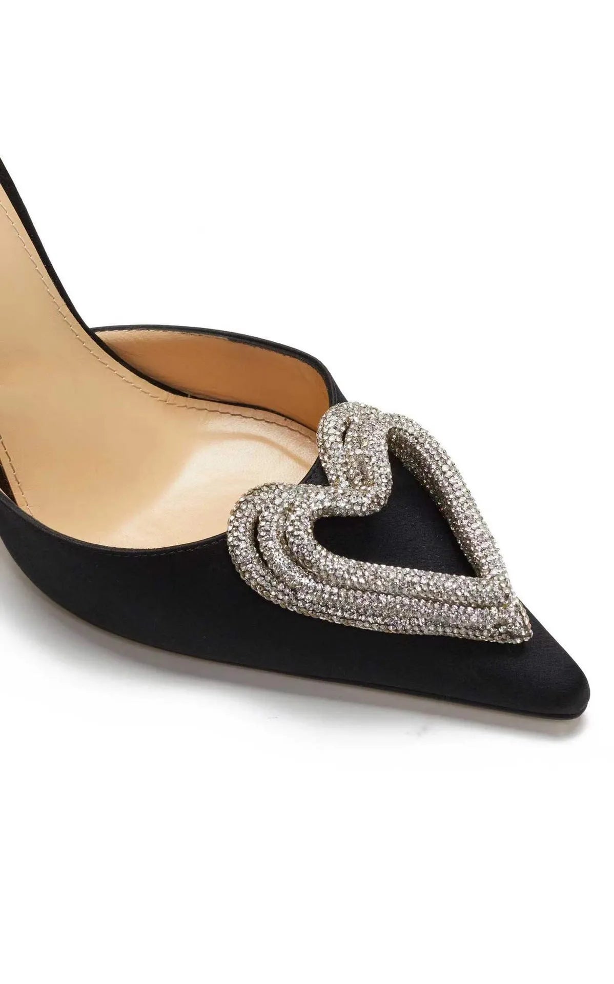 Women's pink satin sandal with heart rhinestone and adjustable ankle strap on a 9.5cm heel.