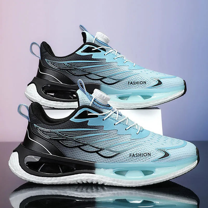 Youth shock absorption rotating button sneaker in light blue mesh version with low-top casual design