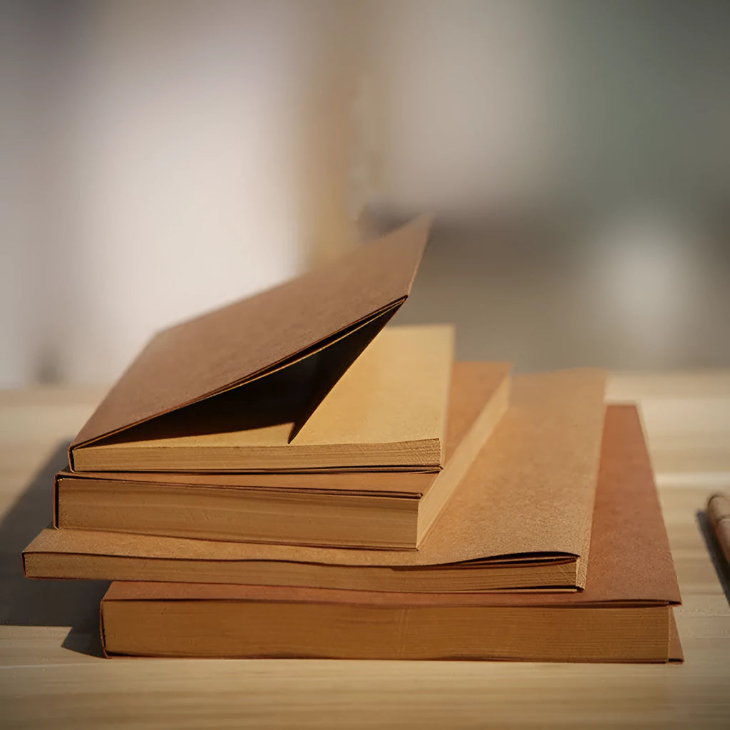 Brown kraft paper sketchbook with wireless binding open to show drawing pages
