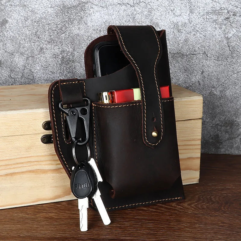 Men's retro leather phone hanging belt bag with car stitching and cover opening in brown colour