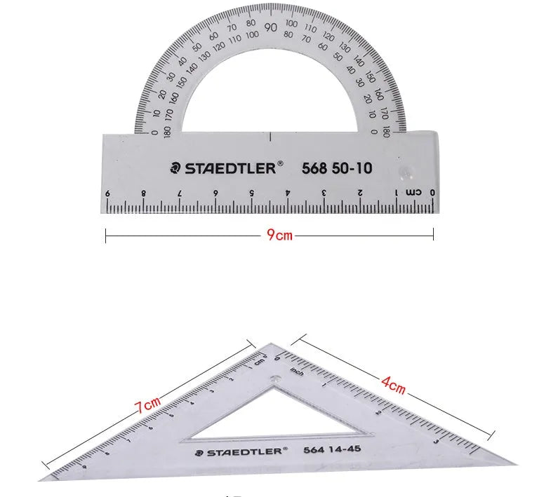 Student plastic geometry set with transparent 15cm ruler, 30 degree triangle, 45 degree triangle, and protractor in neon green