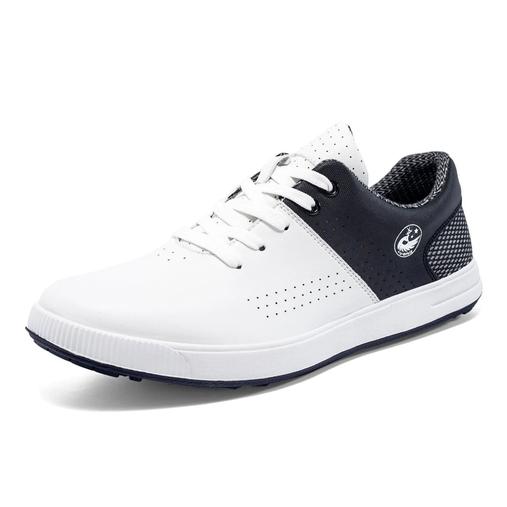 Waterproof non-slip breathable outdoor sneakers with genuine leather upper and natural rubber outsole, white and black-and-white colours, low-top